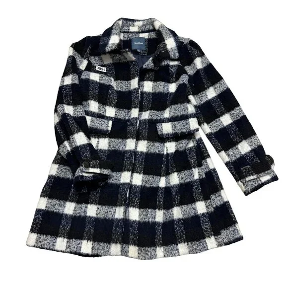 Modcloth Women's Ladylike Lately Collared Coat SZ L Plaid Black White Cozycore - Picture 2 of 7